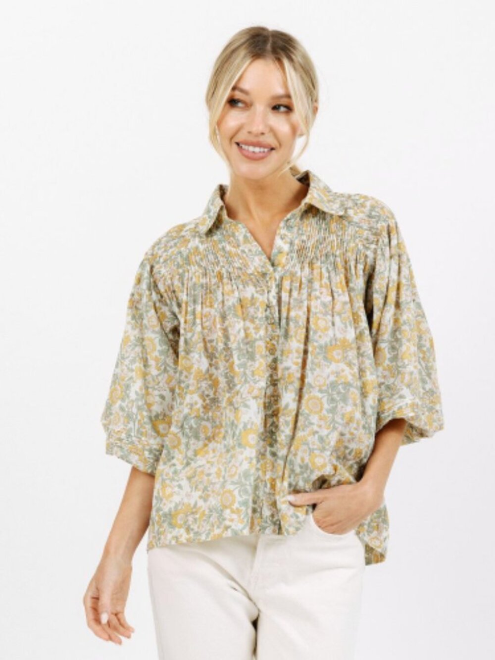 Mirth Kerala Blouse Marigold Floral Print Button-Down Relaxed Fit Shirt Medium